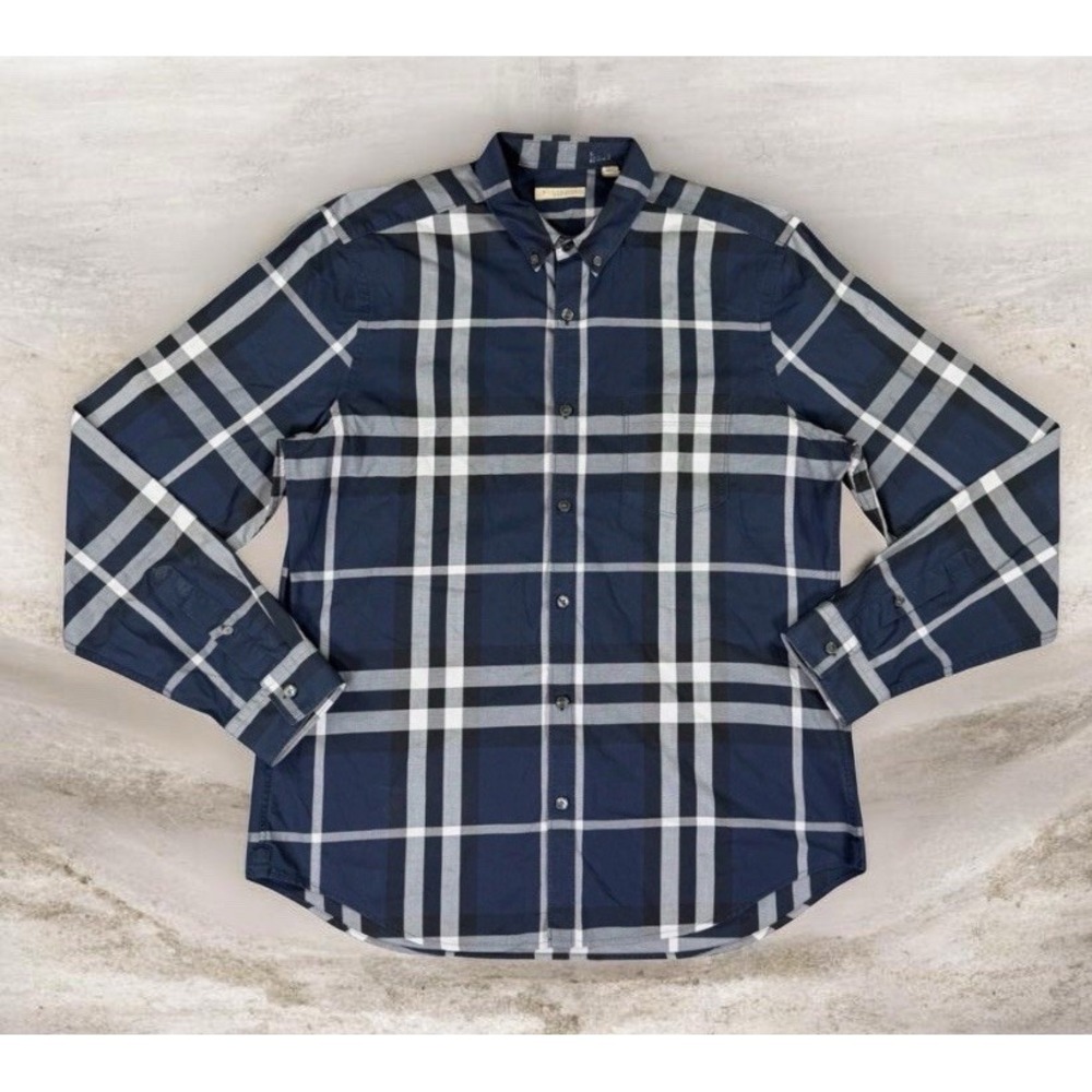 Burberry Brit Mens Large Blue Grey Plaid Check Button Down Shirt Long Sleeve